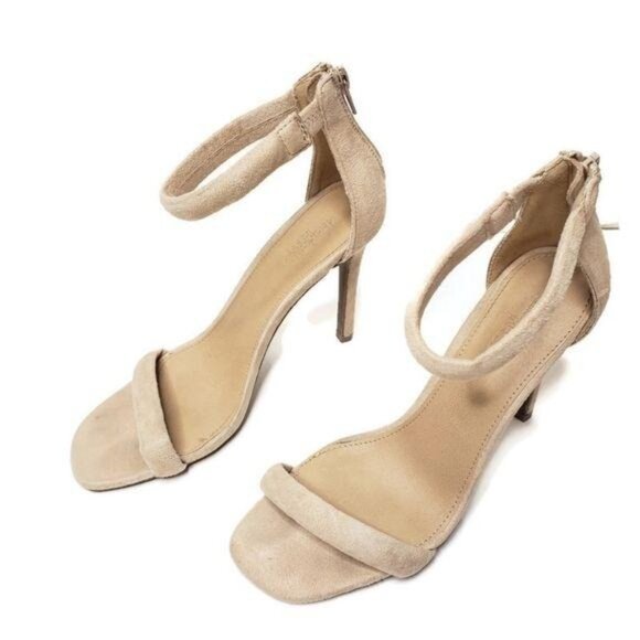 Womens Ankle Strap High Heel Sandals Size 8 Beige Suede Zipper Back - Picture 1 of 8